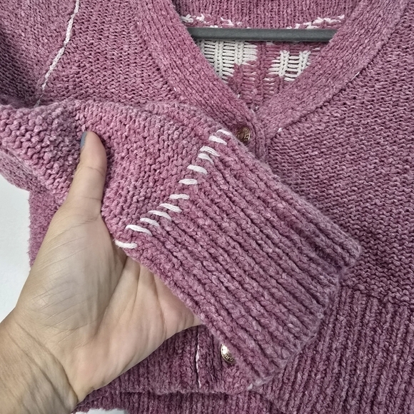 Pilcro Anthropologie Icon Cardigan Pink White Ying Yang Knit Cropped Sweater - Picture 7 of 13